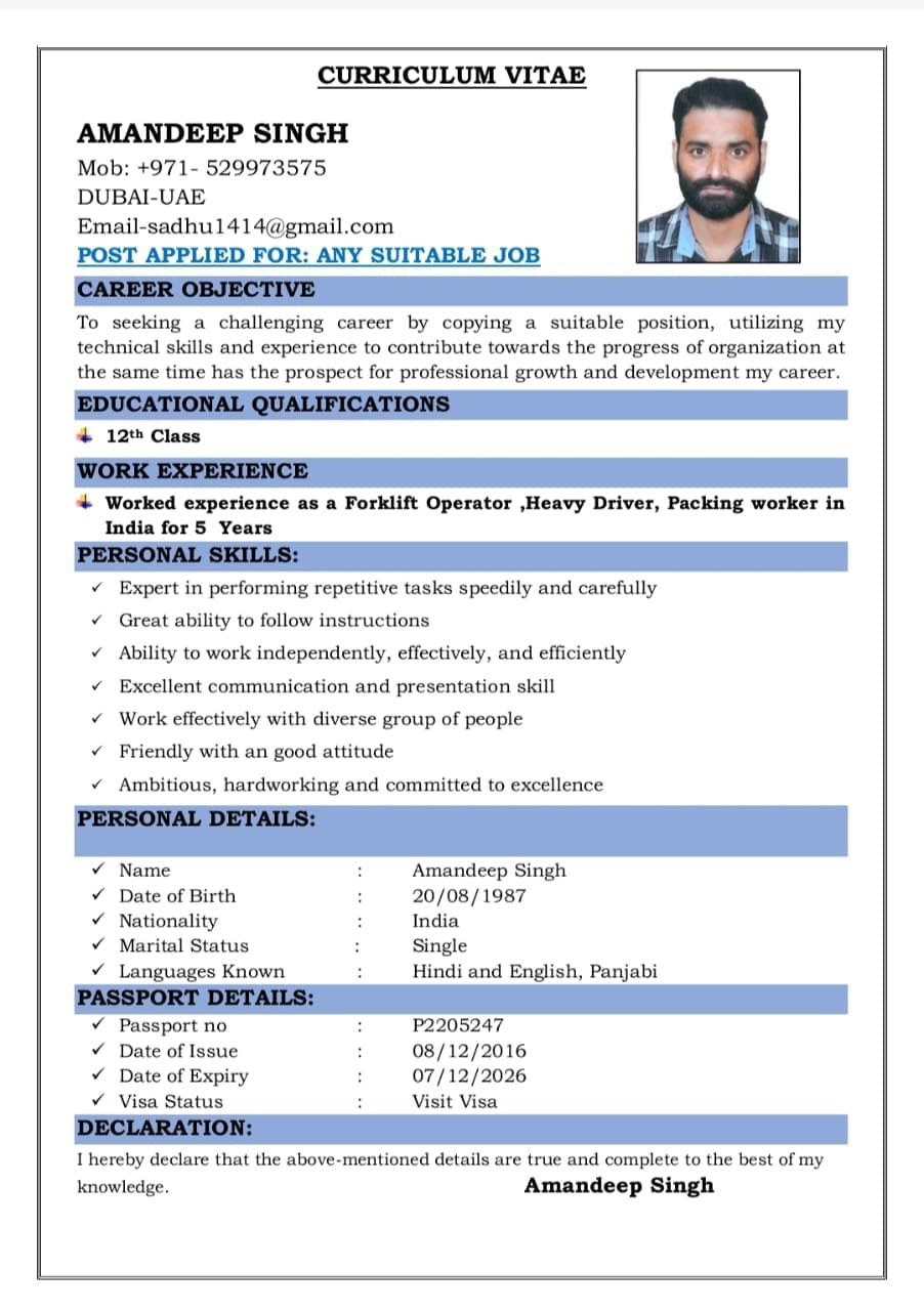 Looking for any suitable job as per my CV