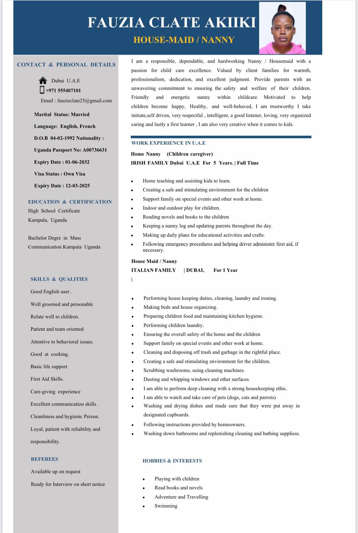 Nanny available for immediate joining