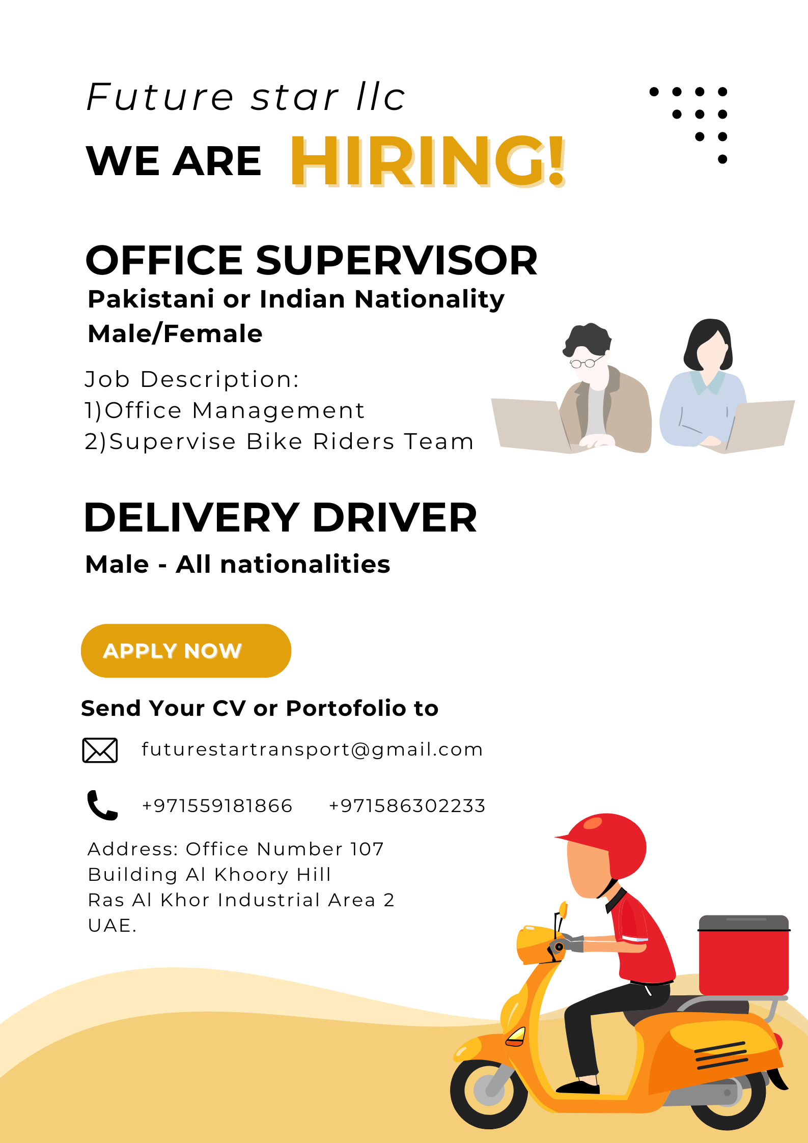 Office Supervisor & Bike Delivery Riders Required