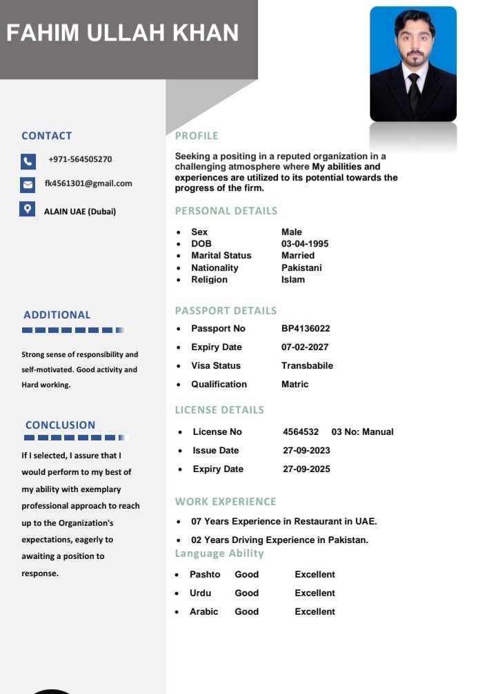 Fahim ullah khan looking for driver job