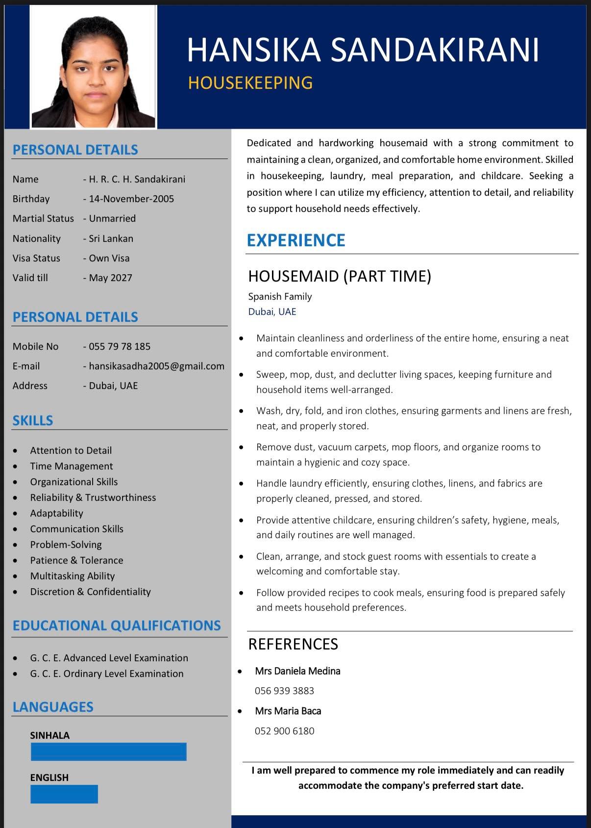 Hansika Sandakirani looking for Housekeeping Job